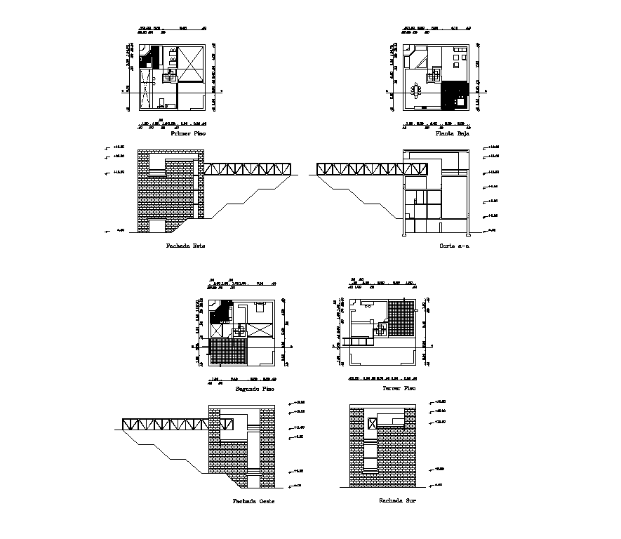 House with bridge detail elevation and plan layout autocad file