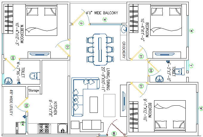 House with three bedroom architecture layout plan details dwg file