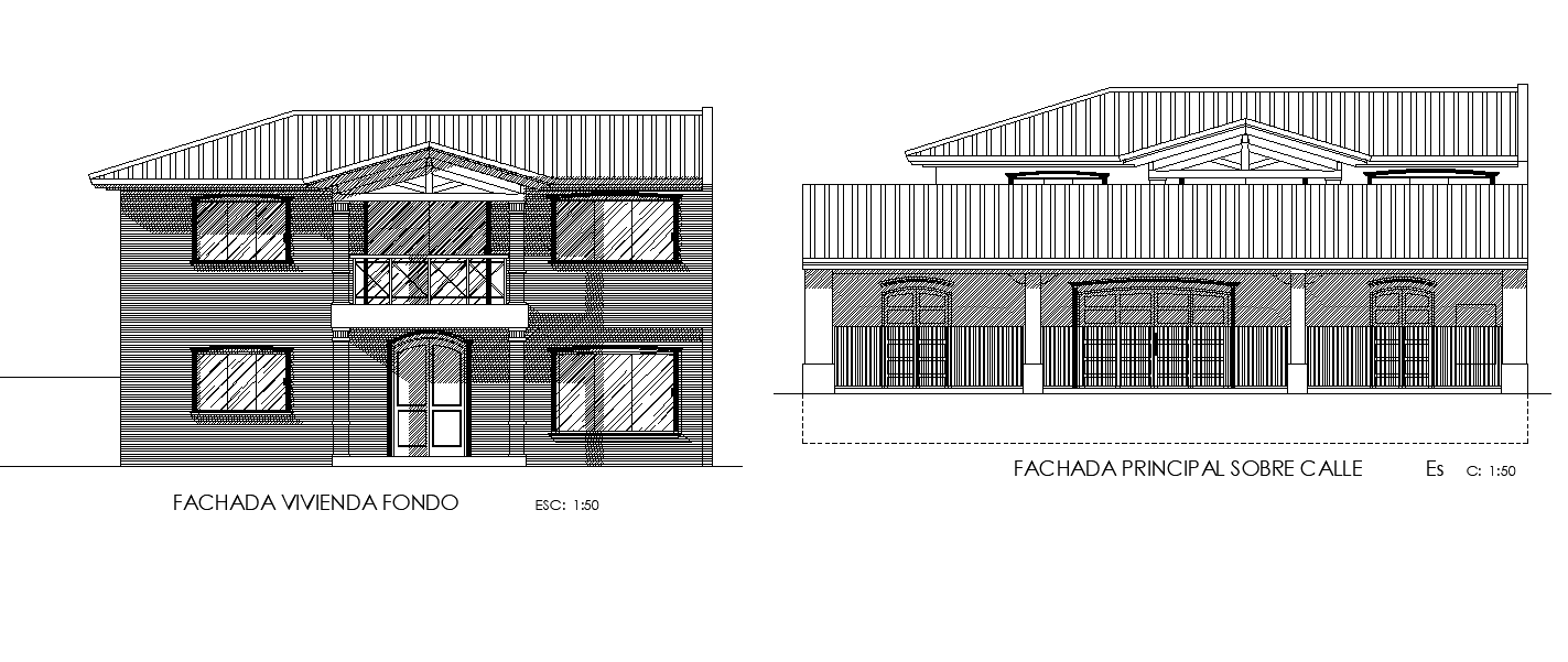 House Building Front And Rear Elevation Design With AutoCAD Hatching DWG File