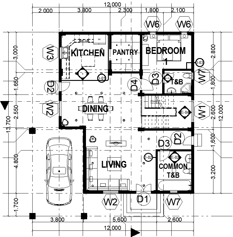 AutoCAD plan showing house layout and center line guide