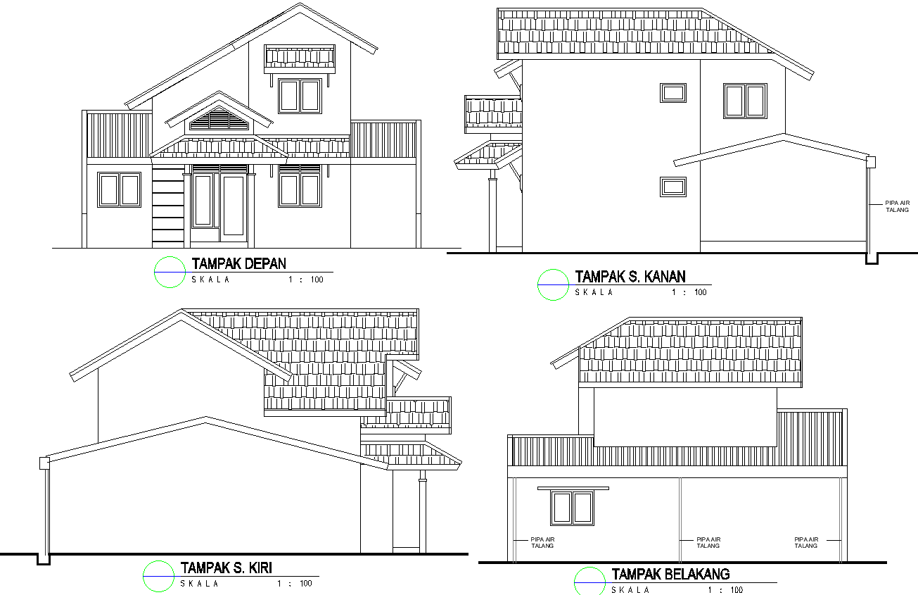 Four Side Elevation View of House in AutoCAD DWG Format