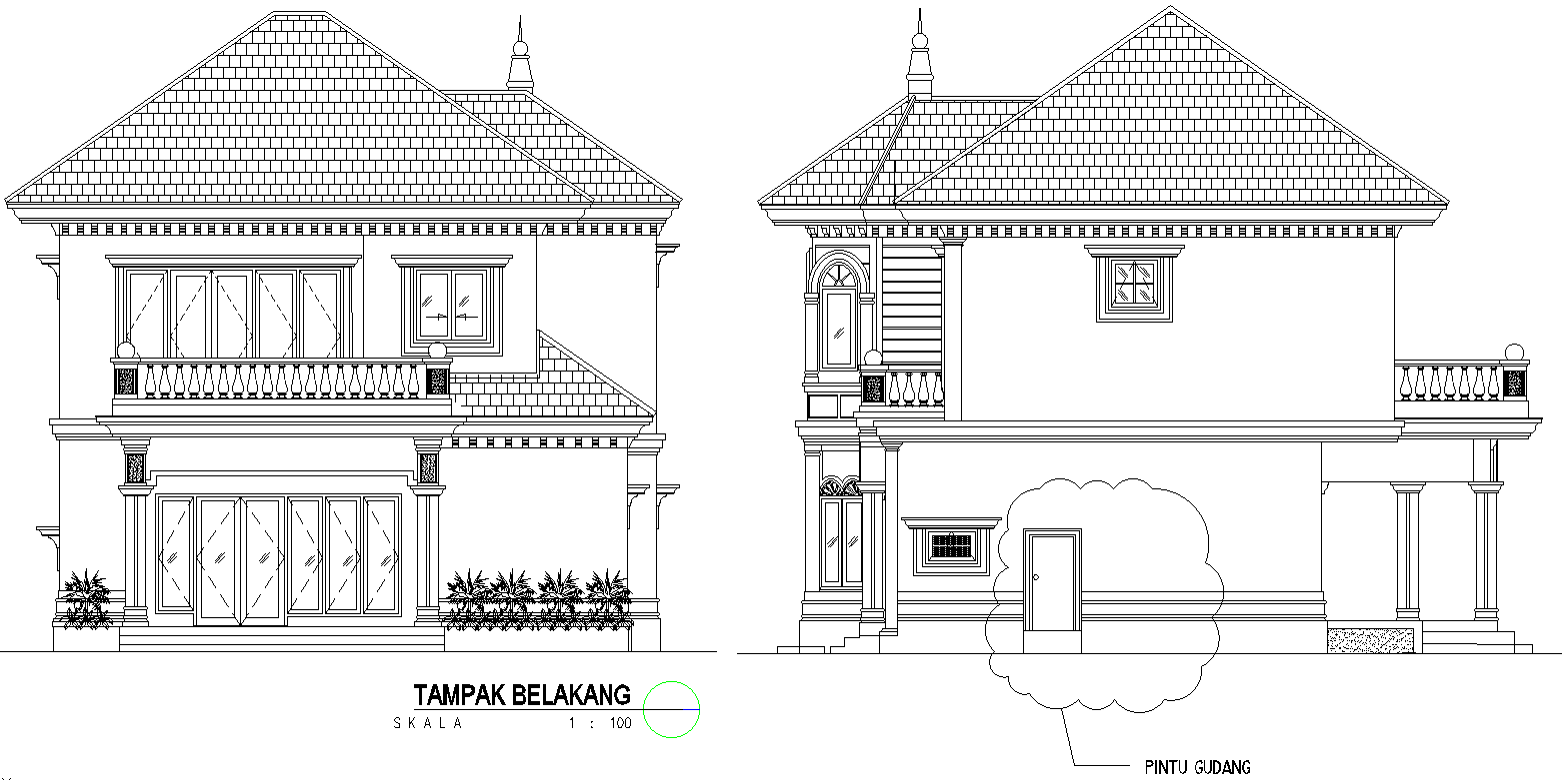 House Back View Elevation in DWG with Warehouse Access