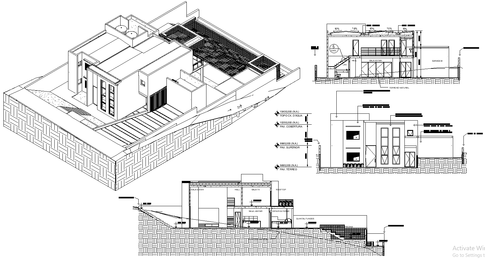 House Elevation with Front, Side, and Top View in DWG File