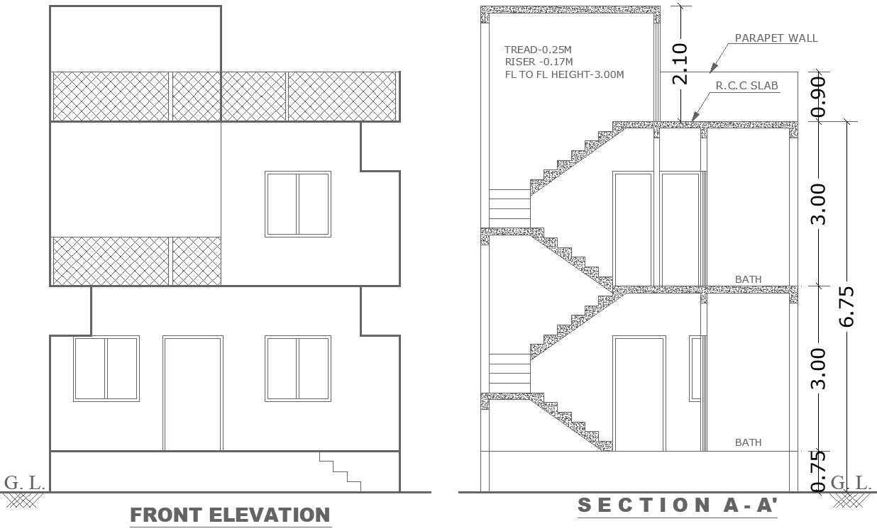House Elevation with Stair Layout in DWG Design File