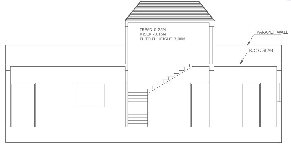 House Elevation and Staircase Section Layout Plan Details
