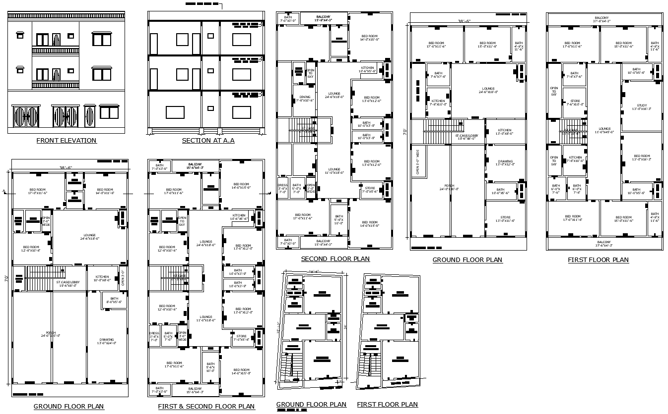 AutoCAD Plan of House Front Elevation and Section Views