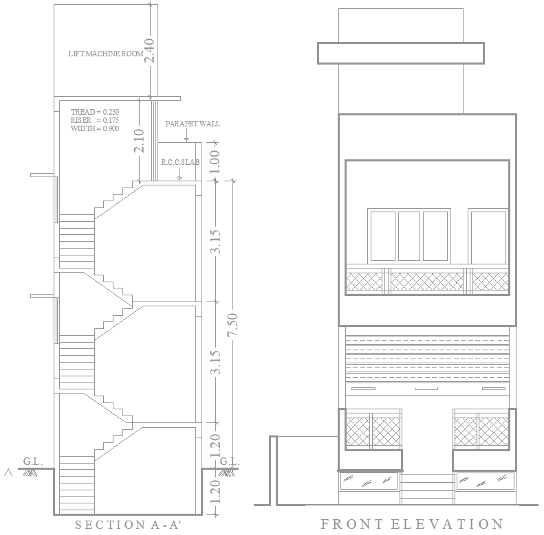 House front elevation and staircase section in DWG file
