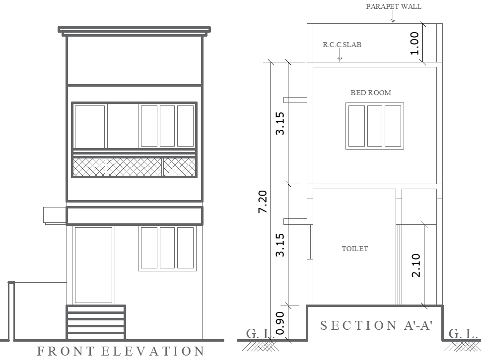 Residential Front Elevation with Section Layout Design