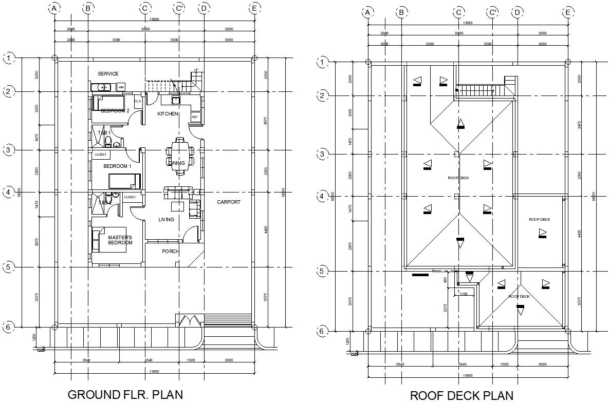 AutoCAD house plan with roof deck and ground floor view