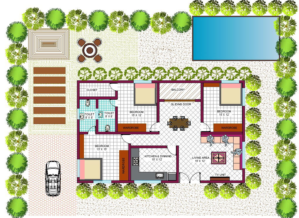 House Plan With Landscape And Swimming Pool. detail drawing presented in this AutoCAD file. Download this 2d AutoCAD drawing file.