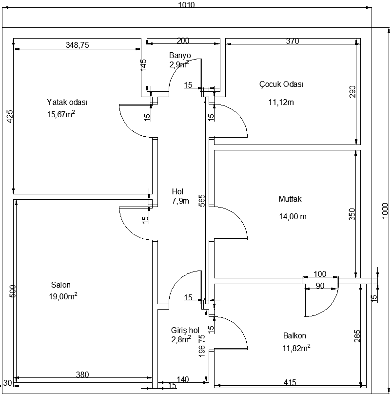 Room and door size details in house DWG AutoCAD plan