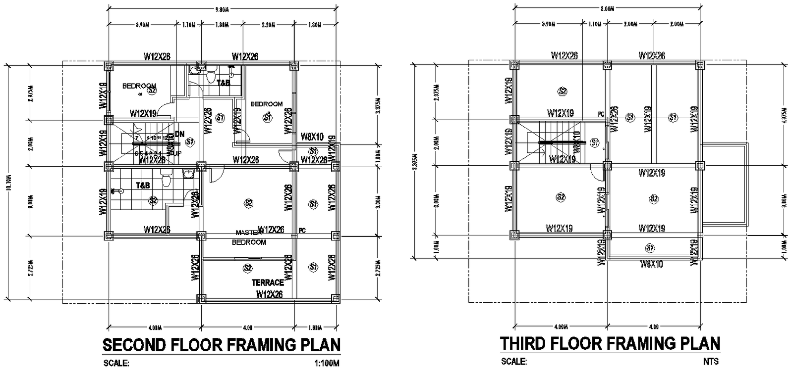 DWG house framing layout for the second and third level