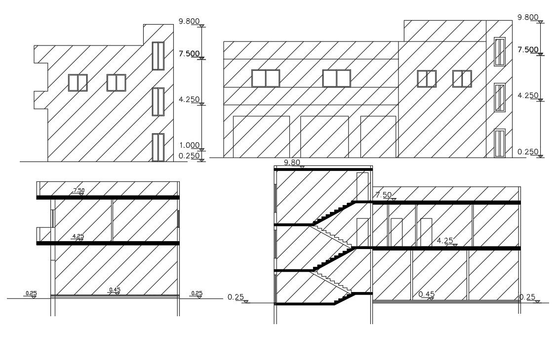 House With Shop Building Front Ans Side Design DWG File