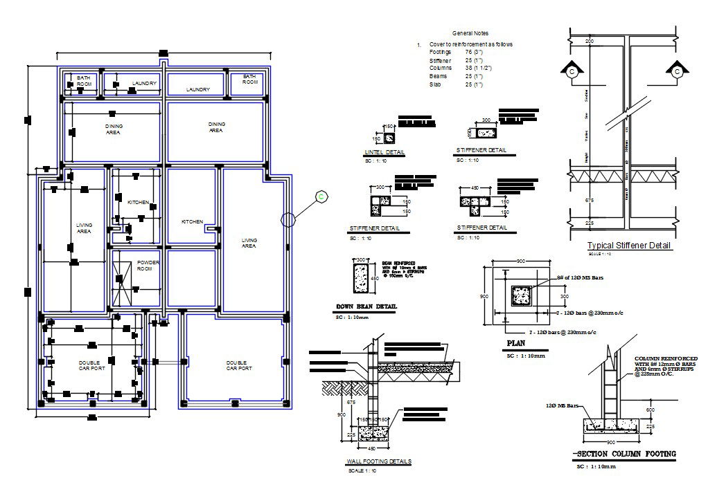 House Working Plan Plan And Column Footing Foundating Foundation DWG File