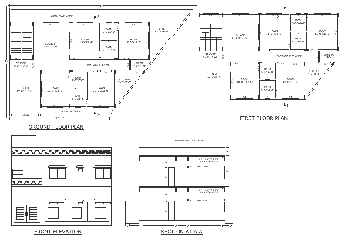House elevation design with given plan and section details dwg autocad drawing .