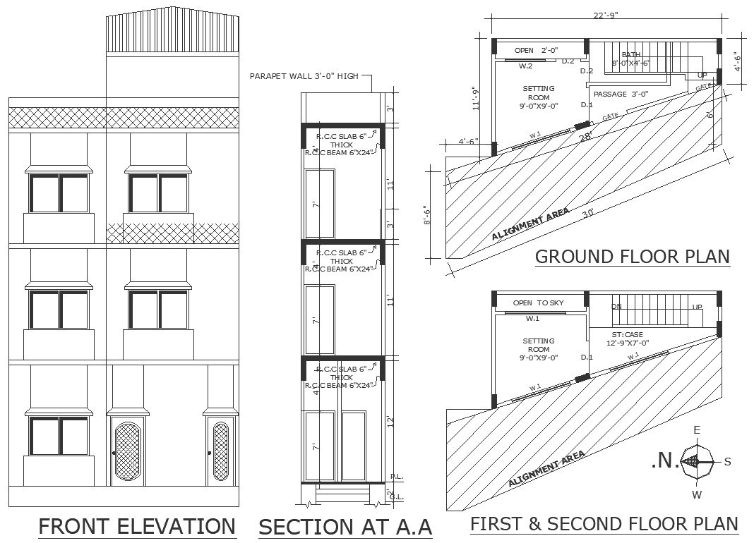 House plan with alignment area details and elevation section details dwg autocad drawing .