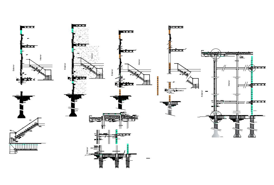 Housing apartment building constructive section details with staircase dwg file