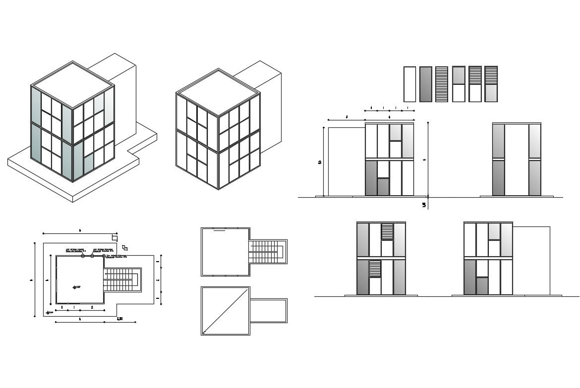 Housing building isometric elevation and section details dwg file