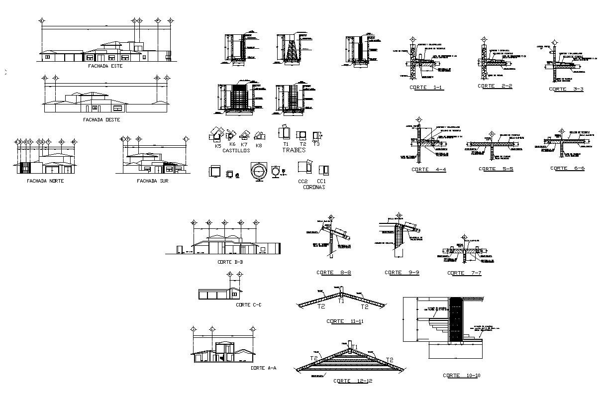 Housing bungalow structure detail elevation and section 2d view layout file