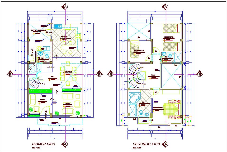 Housing design with first and second floor plan with architectural view dwg file