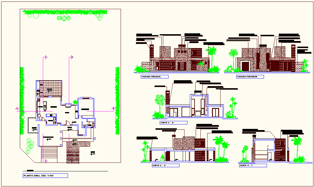 Housing general plan and sectional view with elevation view dwg file