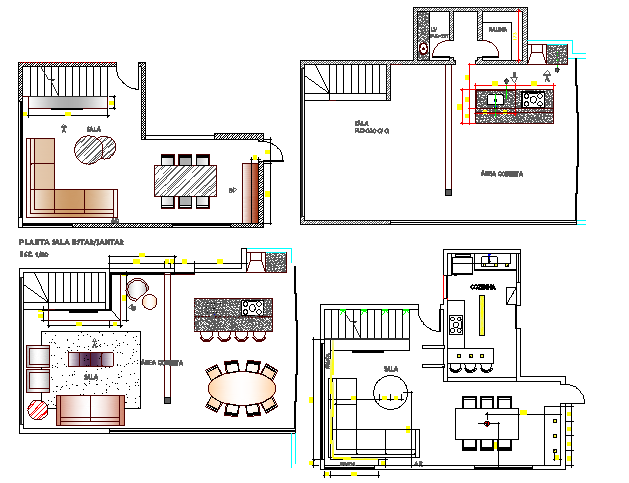 Housing layout plan details in four section dwg file