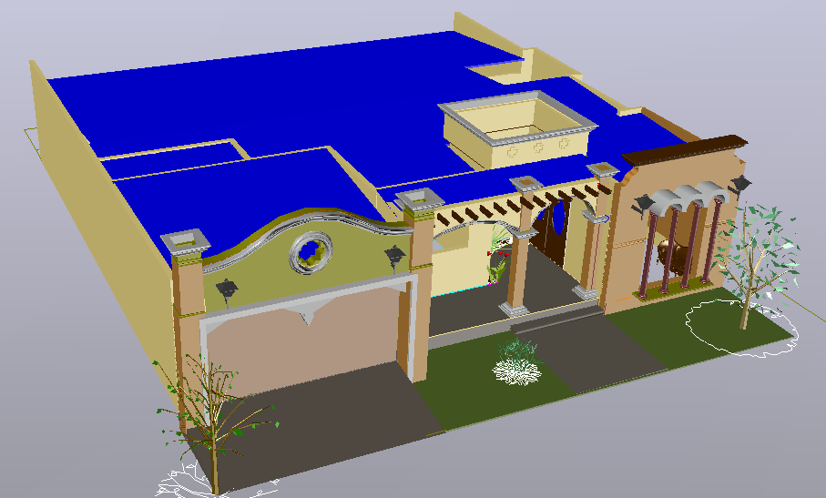 Housing one level-colonial type 3d view dwg file