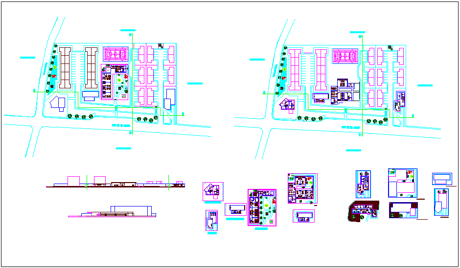 Housing plan for living with elevation and roof plan design dwg file