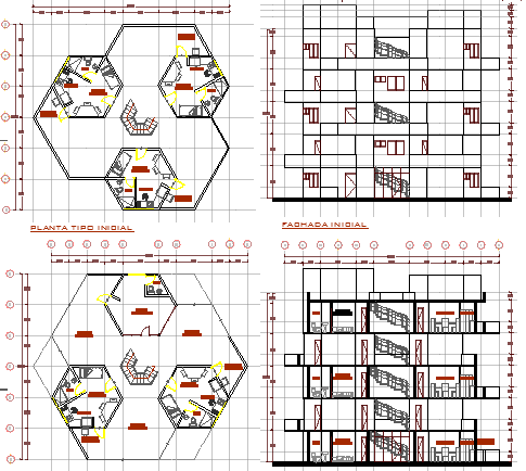 Housing plan with elevation, section and structure details dwg file