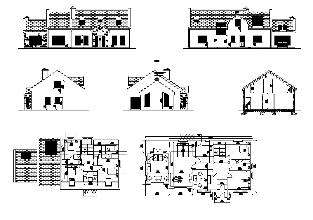 Housing structure building detail elevation and plan layout dwg file