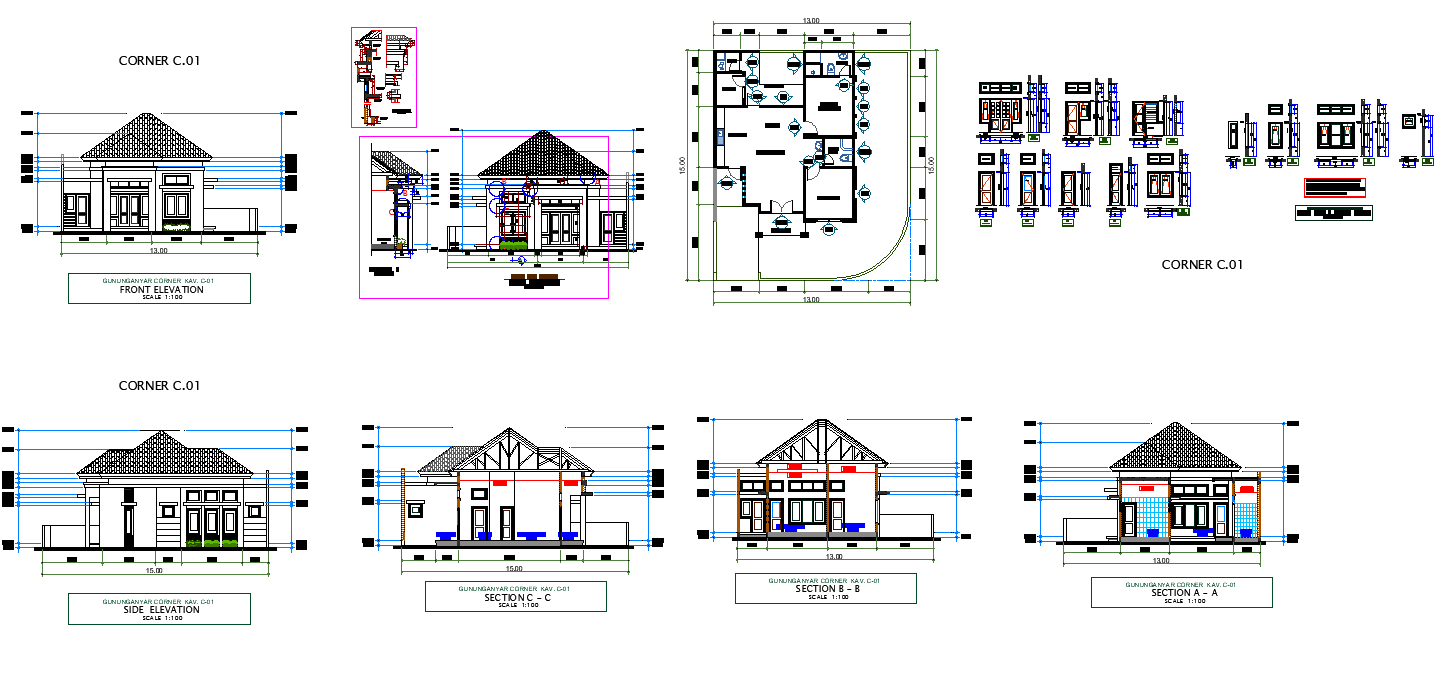 Housing structure detail elevation, section and plan layout file