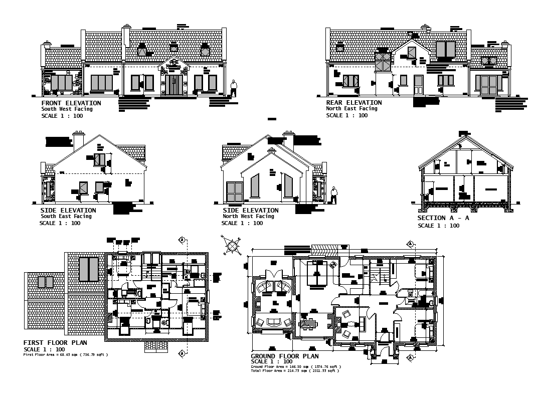 Housing structure detail elevation, section and plan layout file