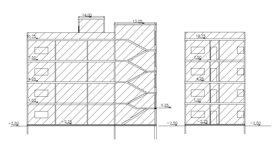 Huge Building Two Sections With Hatching Autocad File
