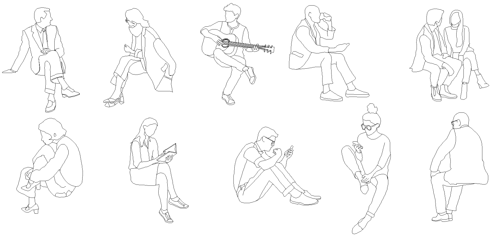 Human figure and silhouette details different poses dwg autocad drawing .