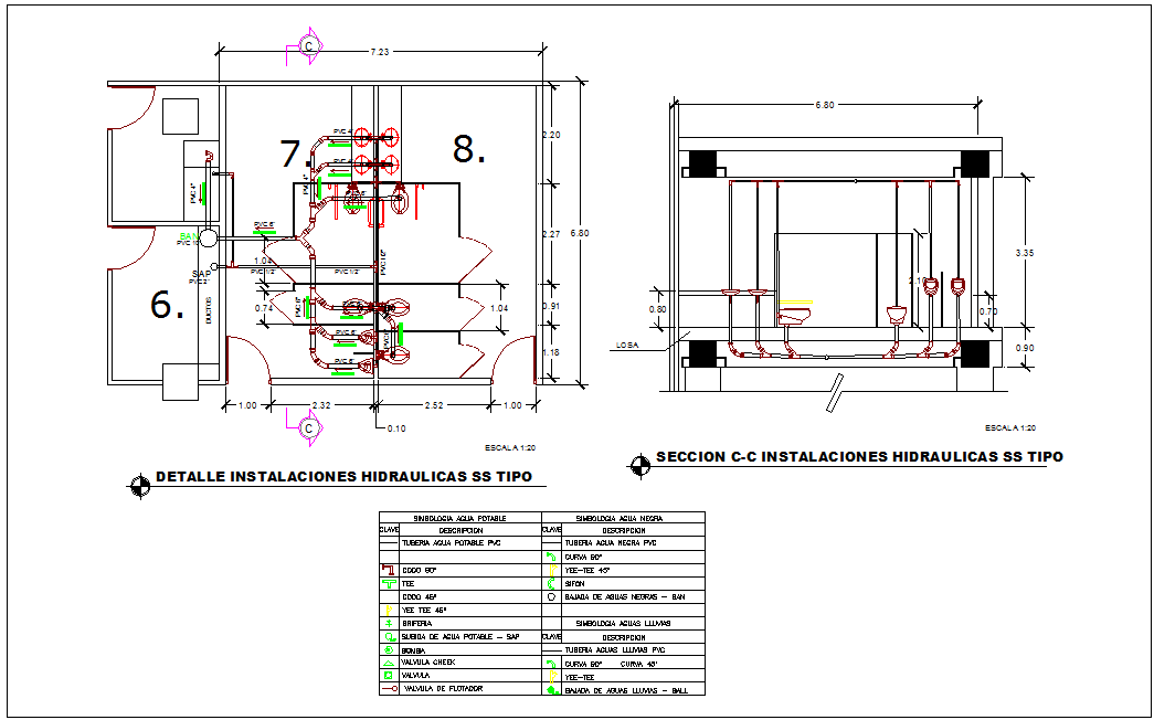 Hydraulic installation with pipe line view with its legend dwg file
