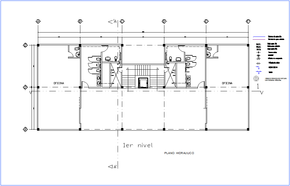 Hydraulic line of first floor plan of office with its legend dwg file