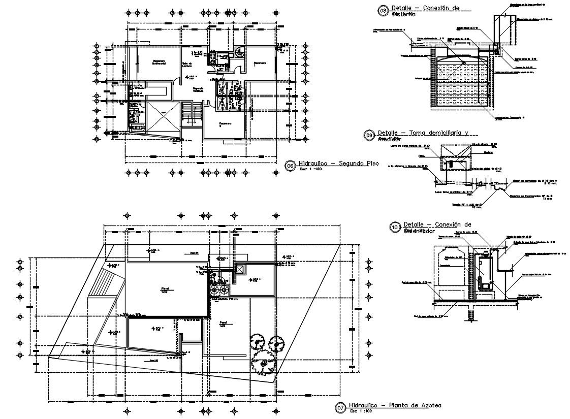 Hydraulic structure second floor plan, roof plan and heater connection design in AutoCAD 2D drawing, CAD file, dwg file