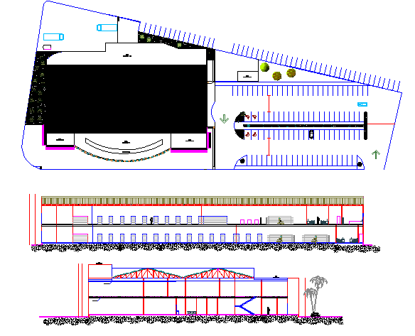 Hyper market elevation, section and layout plan details dwg file