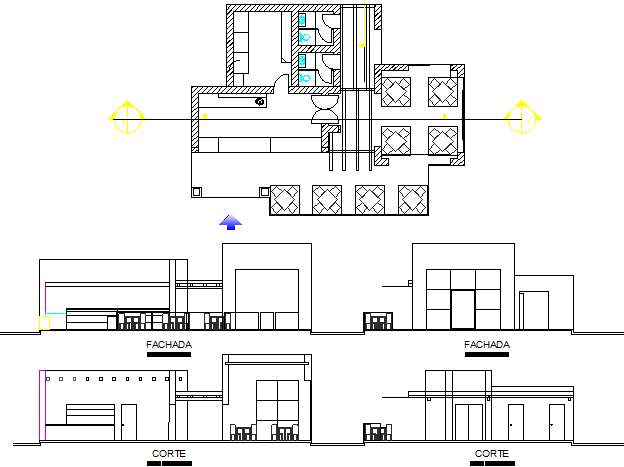 Ice-cream shop all sided elevation and plan details dwg file