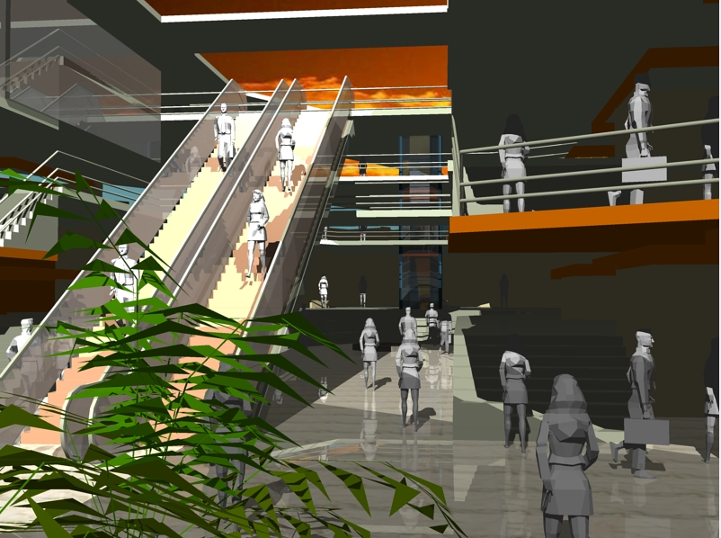Indoor elevator and interior design view of shopping mall dwg file