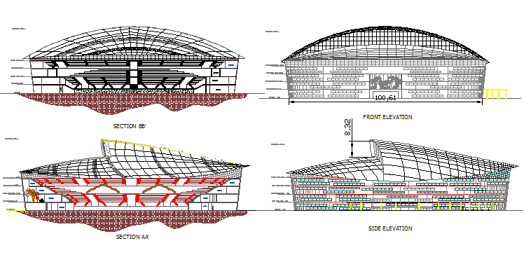 Indoor sports stadium elevation and section details dwg file