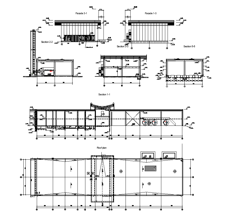 Industrial building section and plan 2d view dwg file