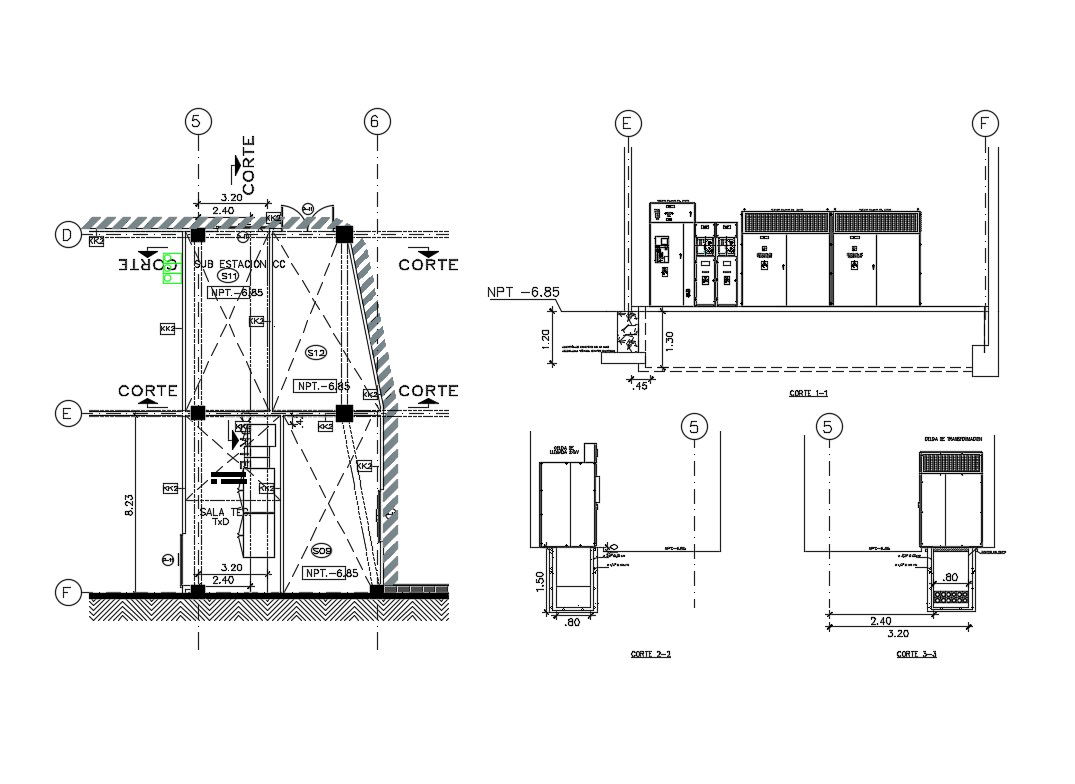 Industrial plant unit main section and constructive sectional details dwg file