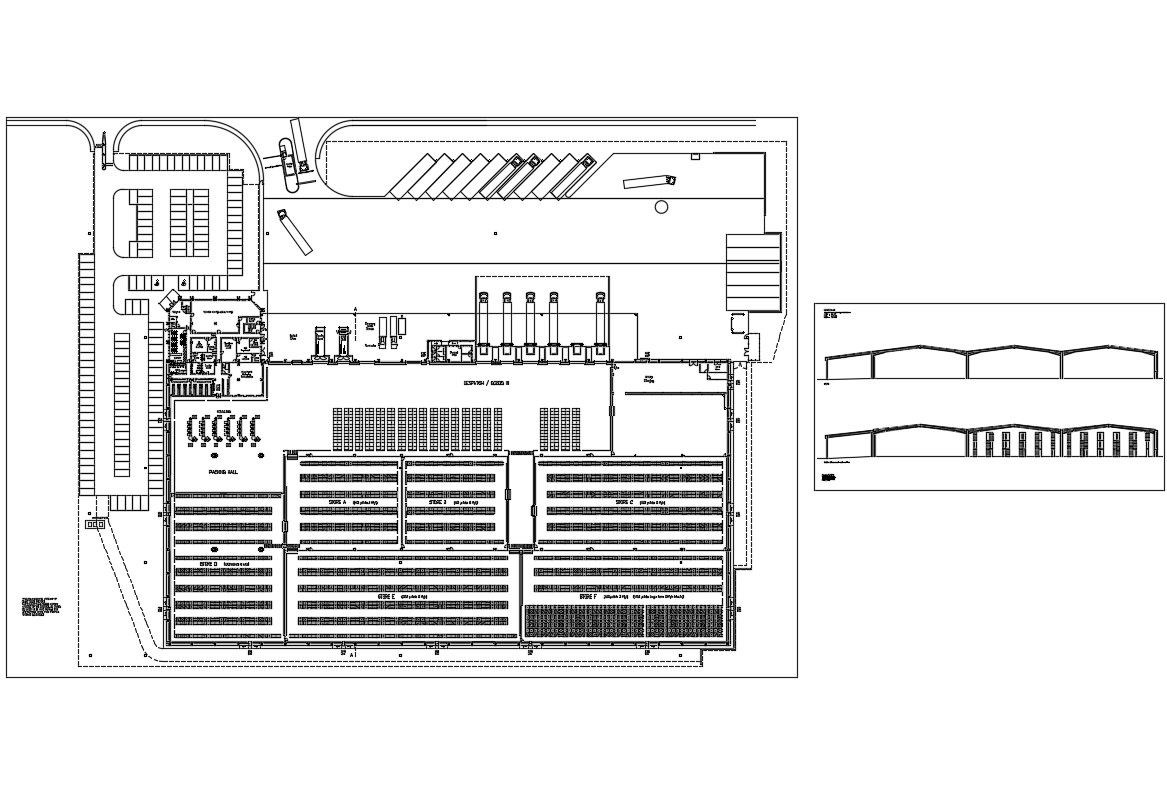 Industrial warehouse section and distribution plan cad drawing details dwg file