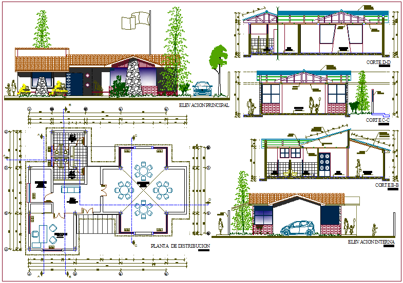 Initial educative center with garden distribution plan,elevation and section dwg file
