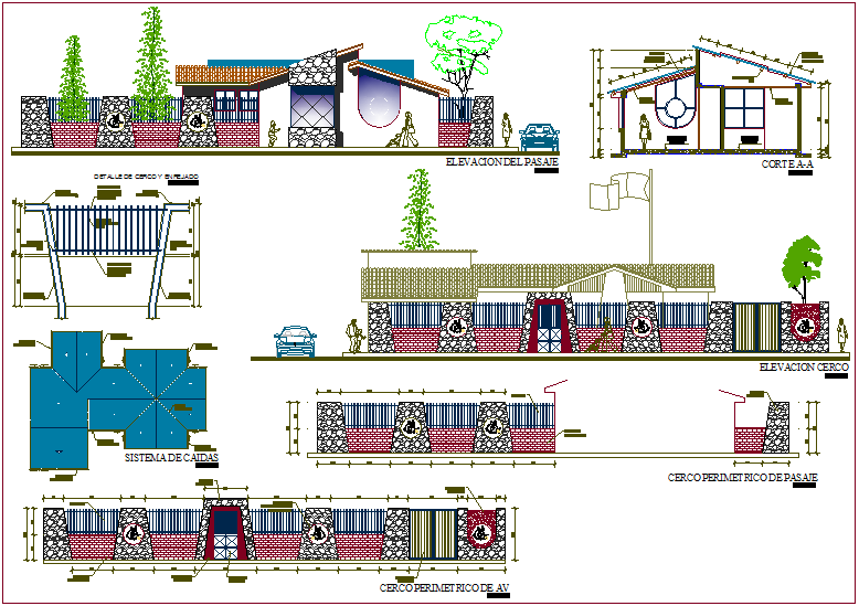Initial educative center with garden distribution plan,elevation and section dwg file