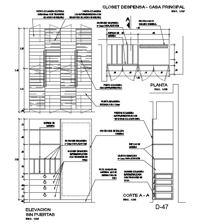 Inner closet Elevation detailed DWG CAD drawing. Download the cad file now.