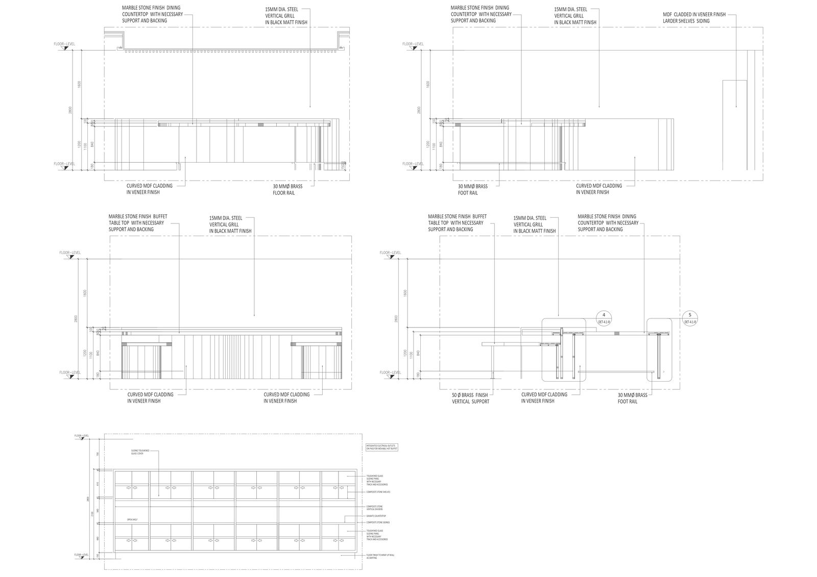 Integrated electric outlets on pass for movable hot buffet detail DWG AutoCAD drawing