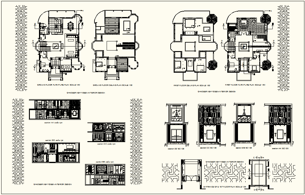 Interior design of house with view of furniture plan section view and floor view dwg file