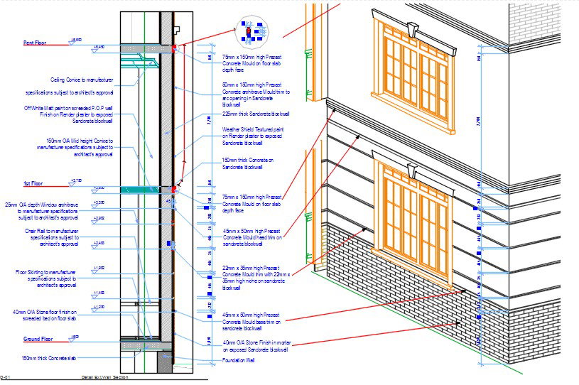 Interior Exterior Wall Section Detail With Window Frame Brick Wall DWG